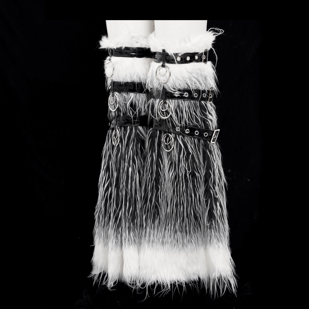 Gothic fur leg warmers with O-rings and straps, black and white faux fur, perfect for alternative fashion.