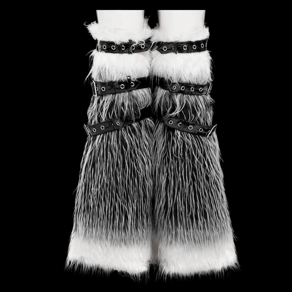 Gothic black and white fur leg warmers with adjustable straps and O-rings for a punk style.