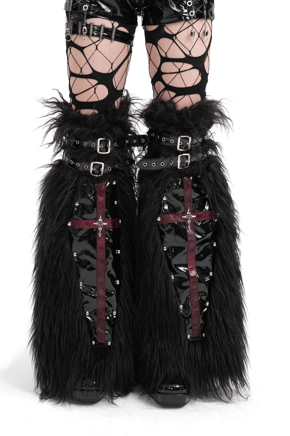 Gothic furry leg warmers featuring red cross straps, buckles, and metal studs for a bold punk style.