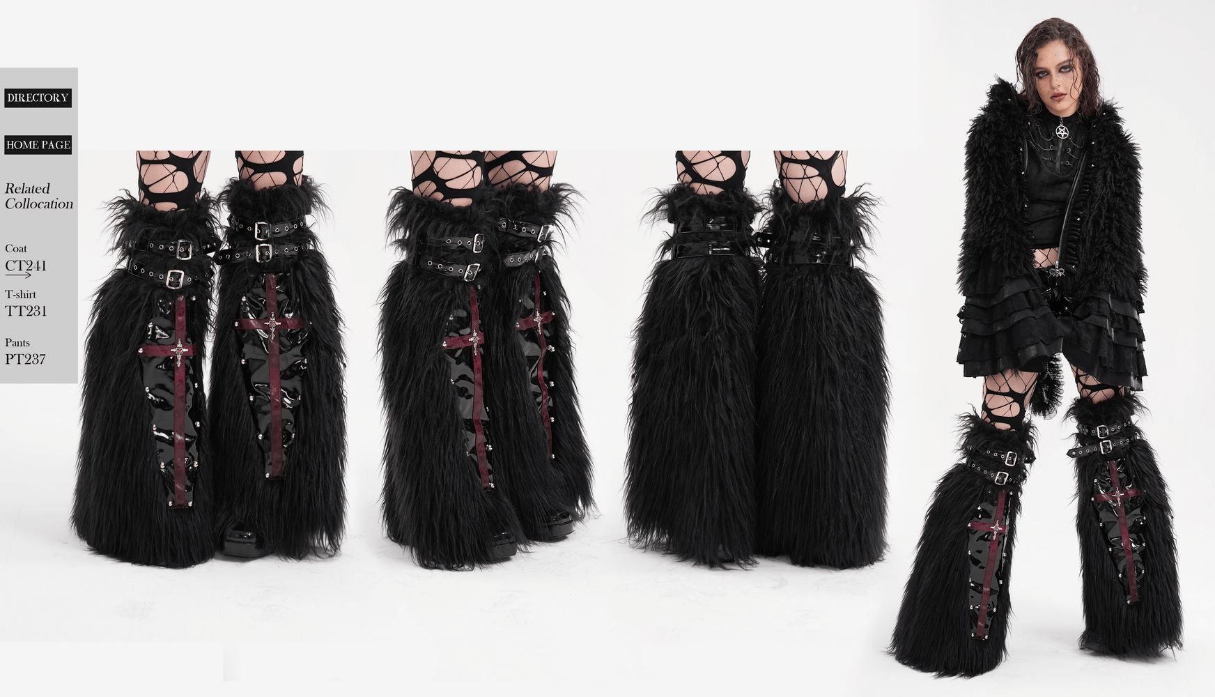 Gothic furry leg warmers with red cross straps, metal studs, and buckles for punk style.