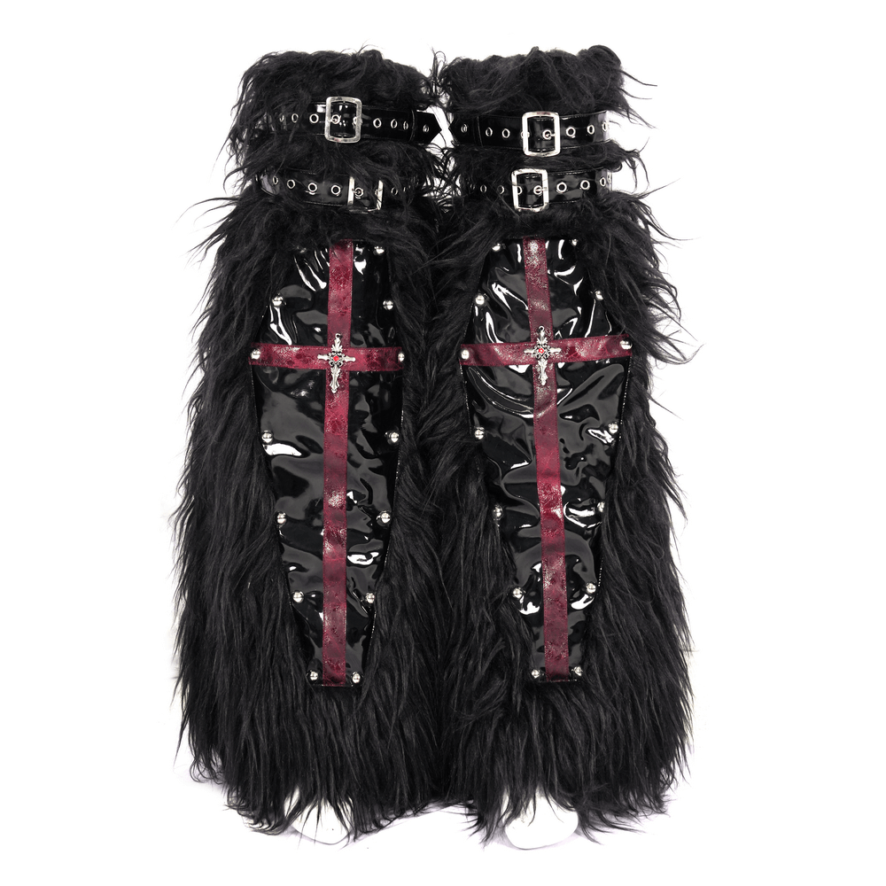 Gothic furry leg warmers with red cross straps, metal studs, and buckles, perfect for punk and alternative fashion.