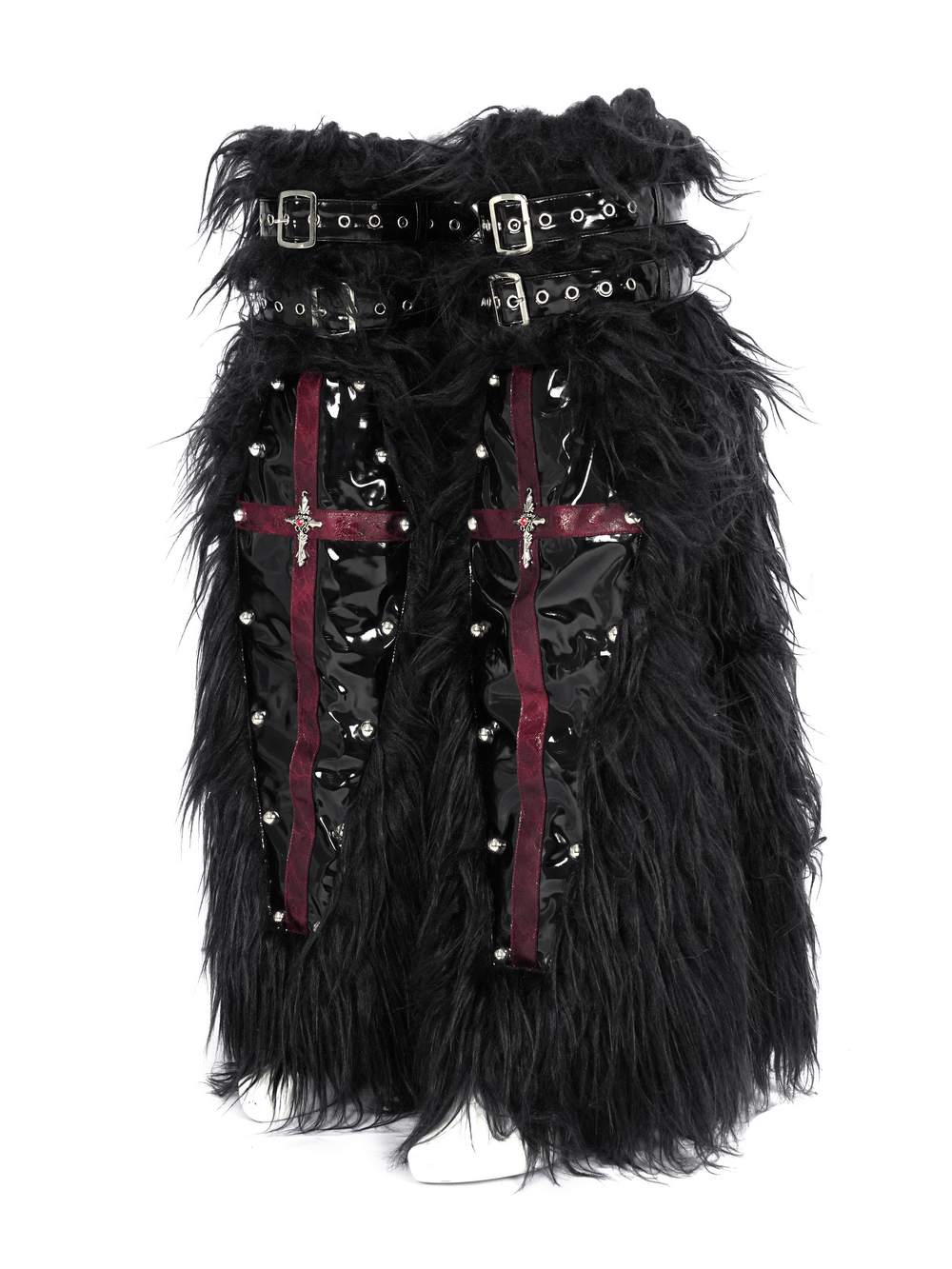 Gothic furry leg warmers with red cross straps, studs, and buckles. Black faux fur design for punk style. Perfect alternative fashion accessory.