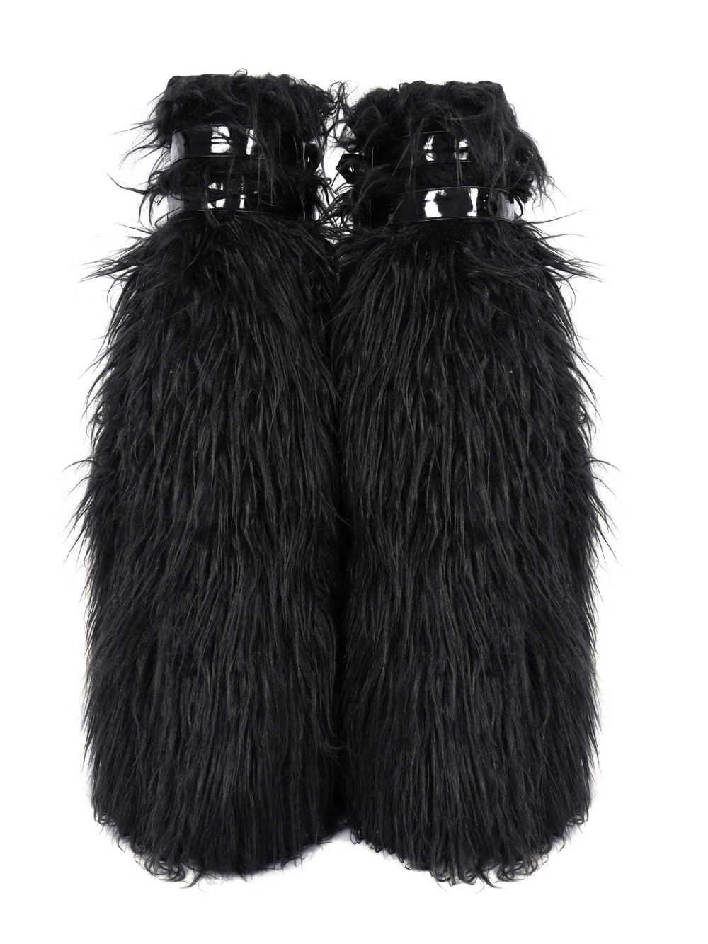 Gothic furry leg warmers in black faux fur with adjustable straps and buckles for punk style.