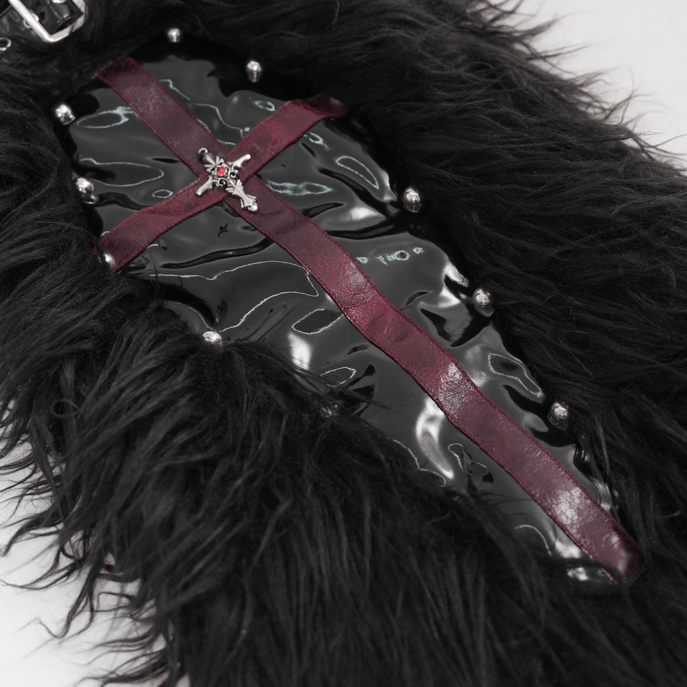 Gothic furry leg warmers with red cross straps, studs, and buckles, featuring edgy faux fur design for punk style.