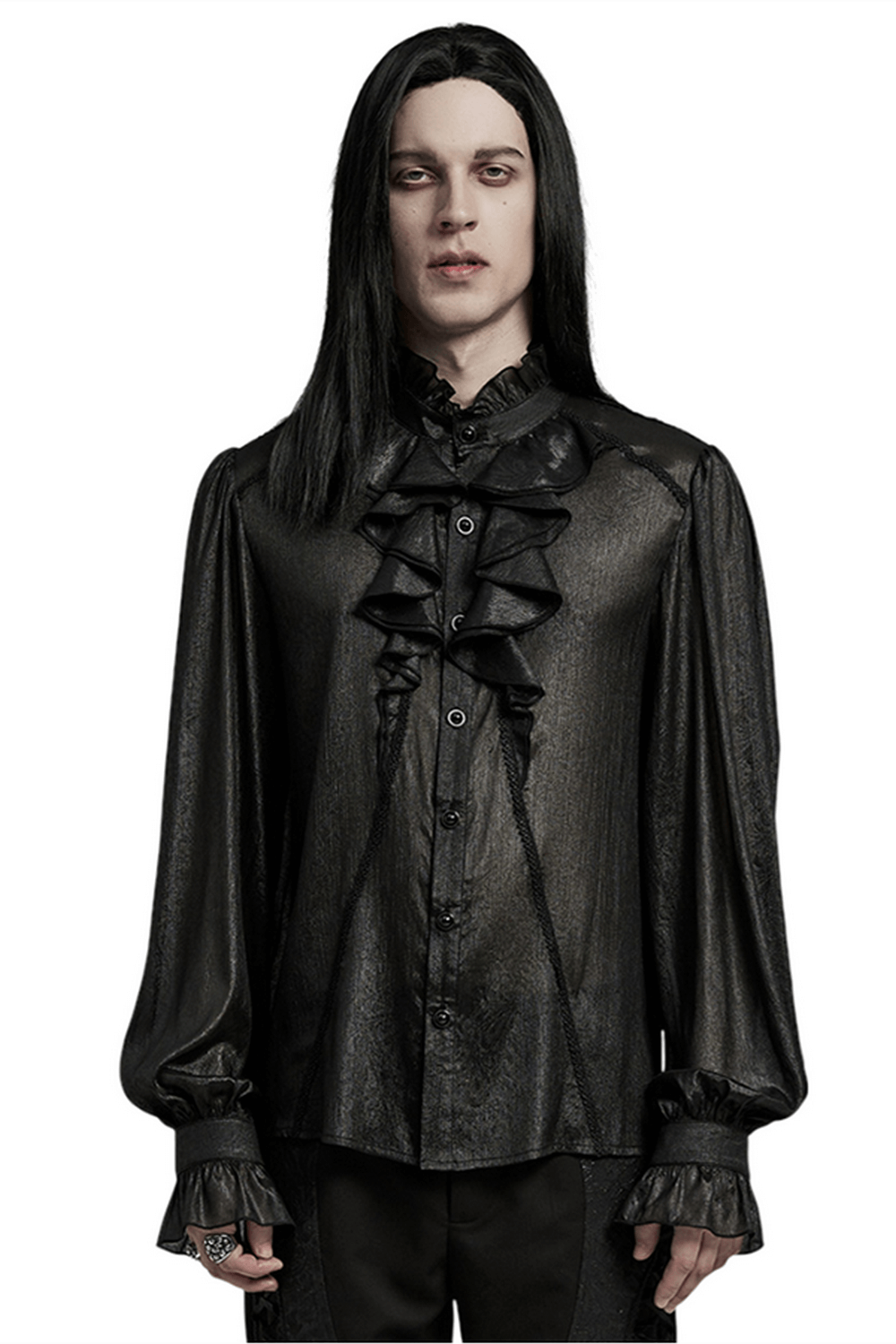 Men's Gothic sheer chiffon ruffle shirt with lantern sleeves and bowtie details, exuding dark elegance.