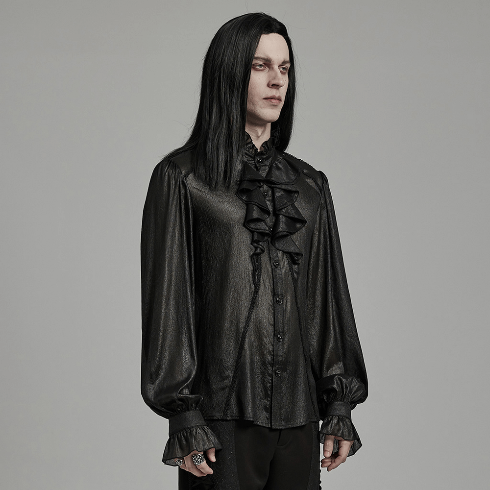 Gothic gentleman in black sheer chiffon ruffle shirt with lantern sleeves and integrated bowtie, exuding elegance.