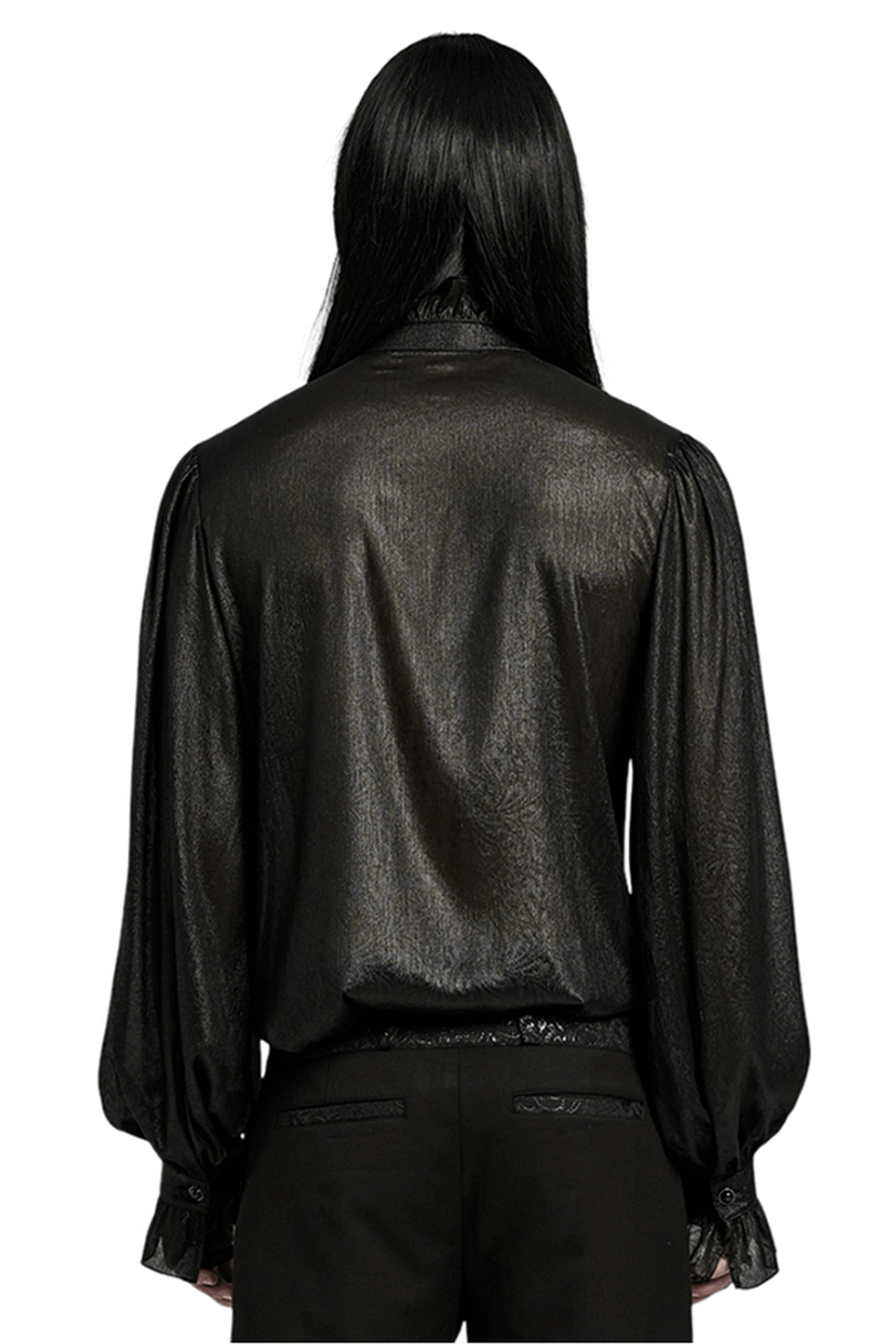 Back view of Gothic Gentleman sheer shirt with ruffles, featuring lantern sleeves and elegant black fabric.