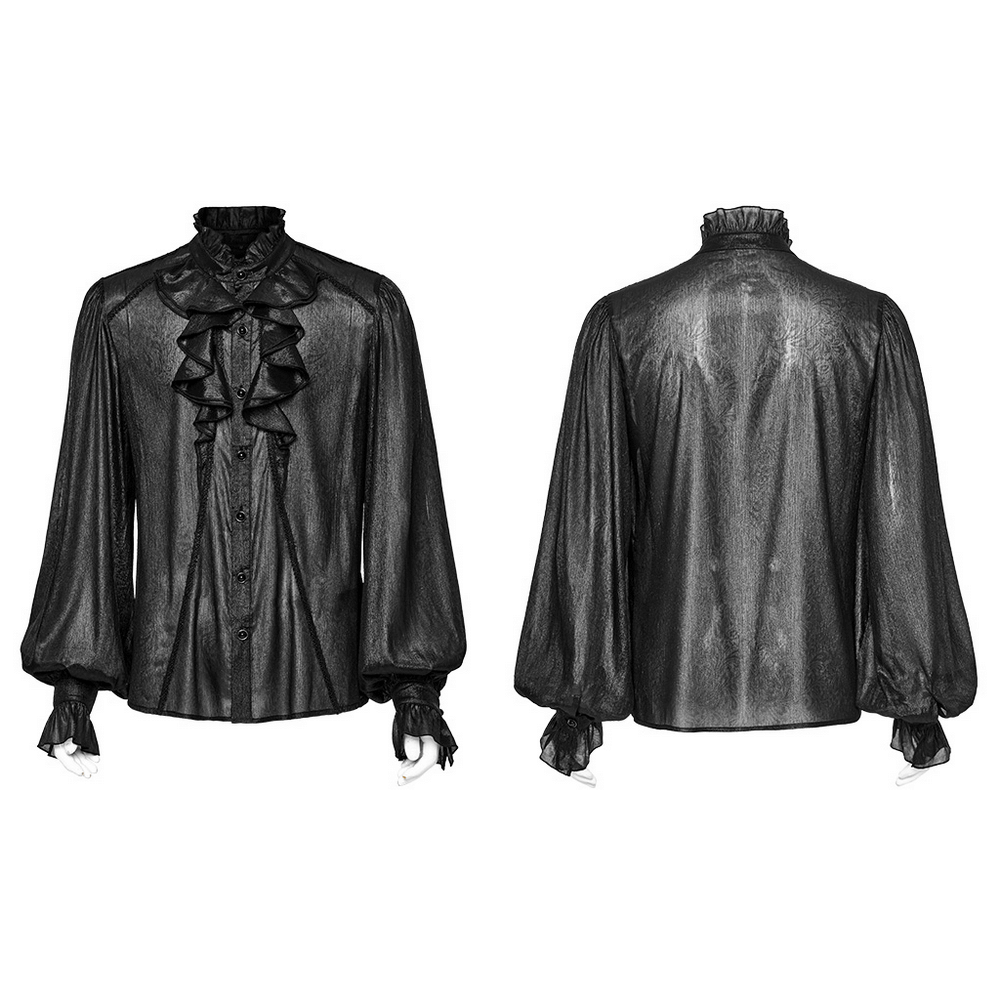 Men's Gothic sheer shirt in black chiffon with ruffles and lantern sleeves for an elegant dark style.