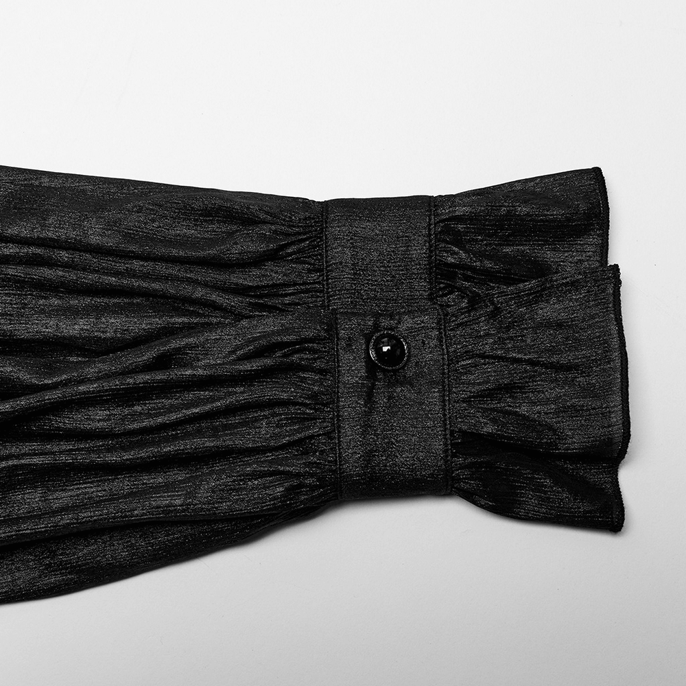 Close-up of the elegant cuff detail of a Gothic sheer chiffon shirt for men, showcasing sophisticated button design.