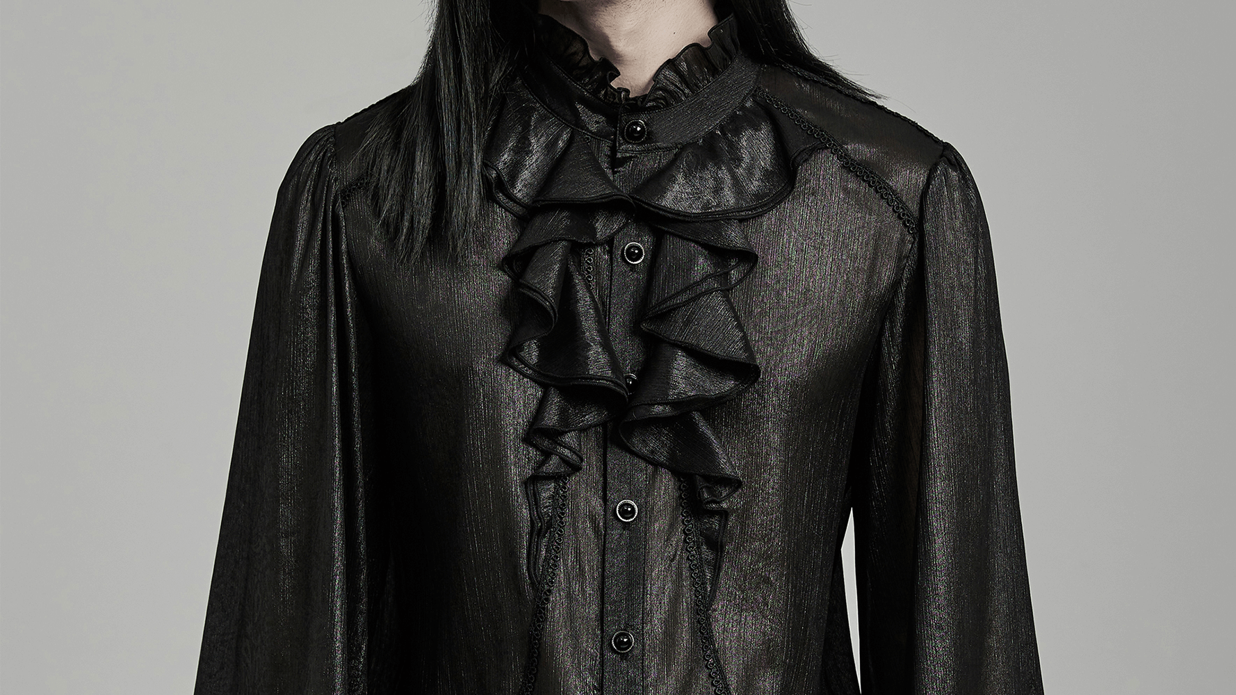 Gothic gentleman sheer chiffon ruffle shirt featuring elegant lantern sleeves and a sophisticated bowtie.