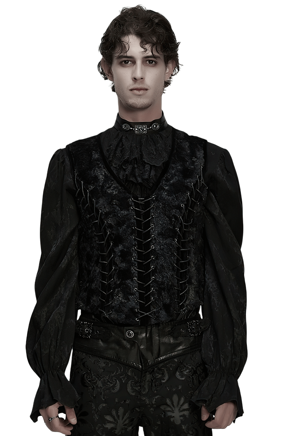 Gothic Gentleman's Velvet Lace-Up Vest with Eyelet Detail worn by model.