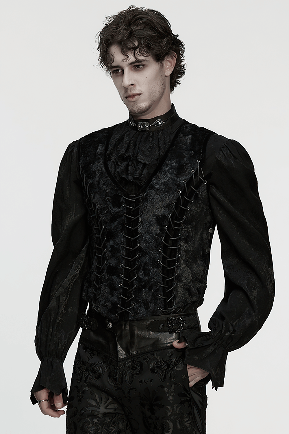 Gothic Gentleman's Velvet Lace-Up Vest with Eyelet Detail modeled by a man in formal gothic attire.