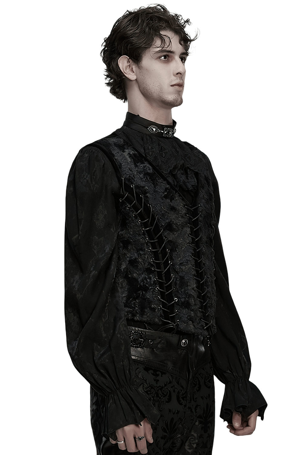 Gothic Gentleman's Velvet Lace-Up Vest with Eyelet Detail displayed by a model, showcasing its stylish and elegant design.