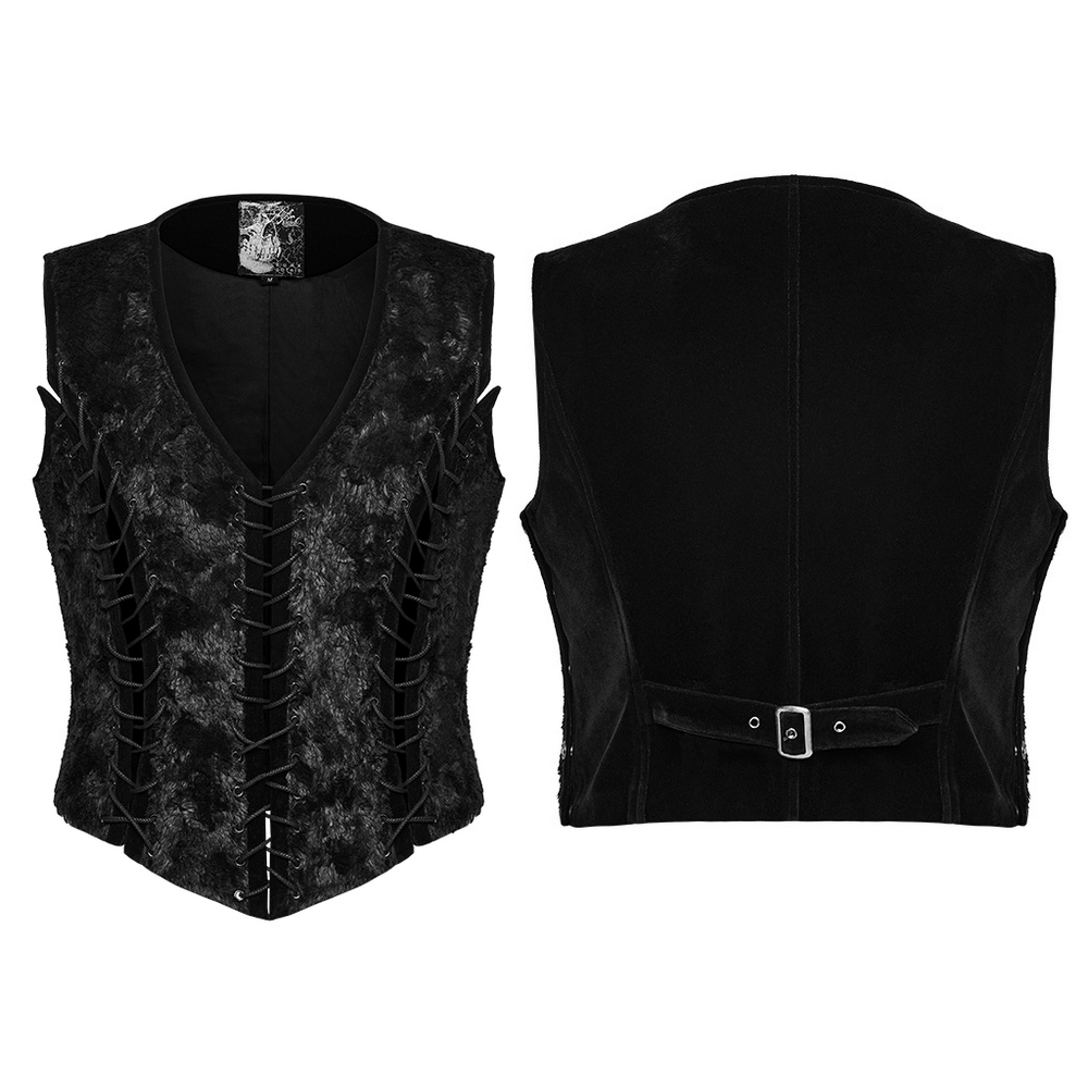 Gothic Gentleman's Velvet Lace-Up Vest with Eyelet Detail, showcasing a stylish front and back view with adjustable strap.