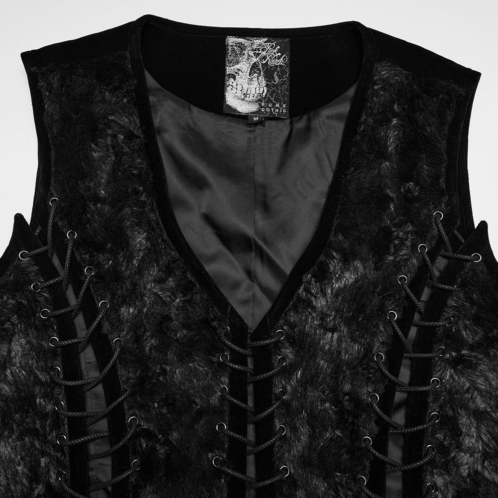 Gothic Gentleman's Velvet Lace-Up Vest with Eyelet Detail featuring black velvet texture and metal eyelet drawstrings.