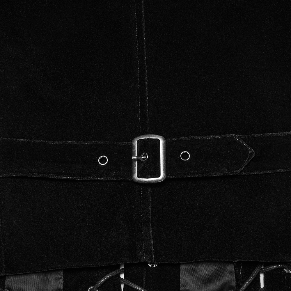 Close-up of the adjustable back waist strap on the Gothic Gentleman's Velvet Lace-Up Vest with Eyelet Detail.