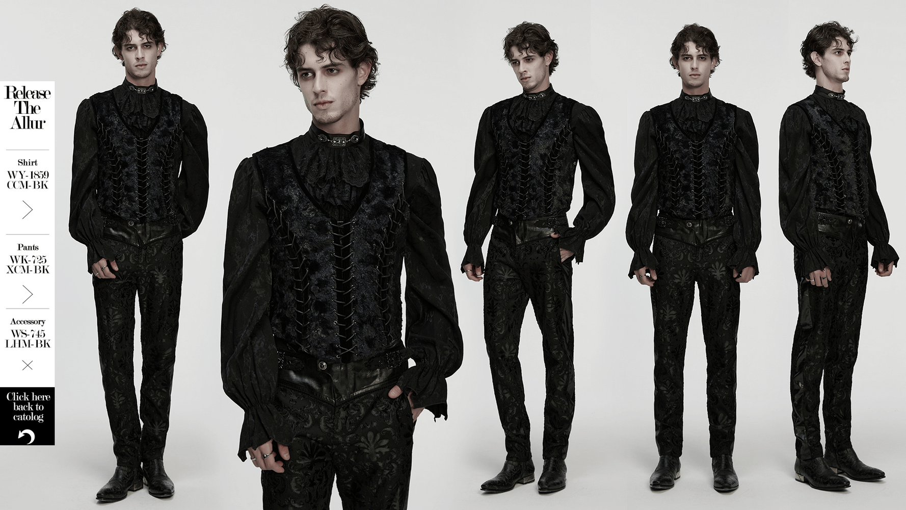 Gothic Gentleman's Velvet Lace-Up Vest with Eyelet Detail showcased on a model from multiple angles.