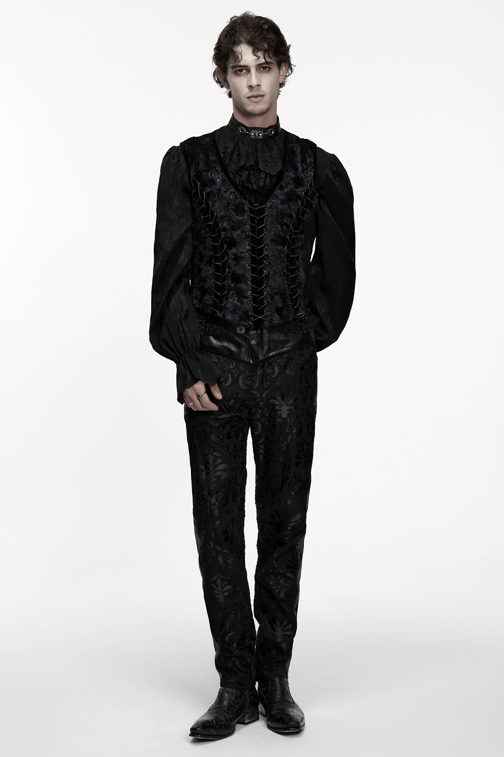 Gothic Gentleman's Velvet Lace-Up Vest with Eyelet Detail worn by a model in elegant black attire.