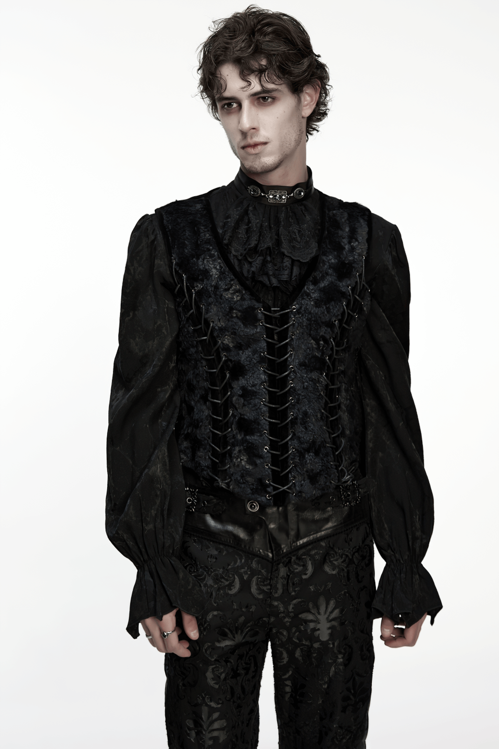 Gothic Gentleman's Velvet Lace-Up Vest with Eyelet Detail worn by model, showcasing luxurious velvet and lace-up design.
