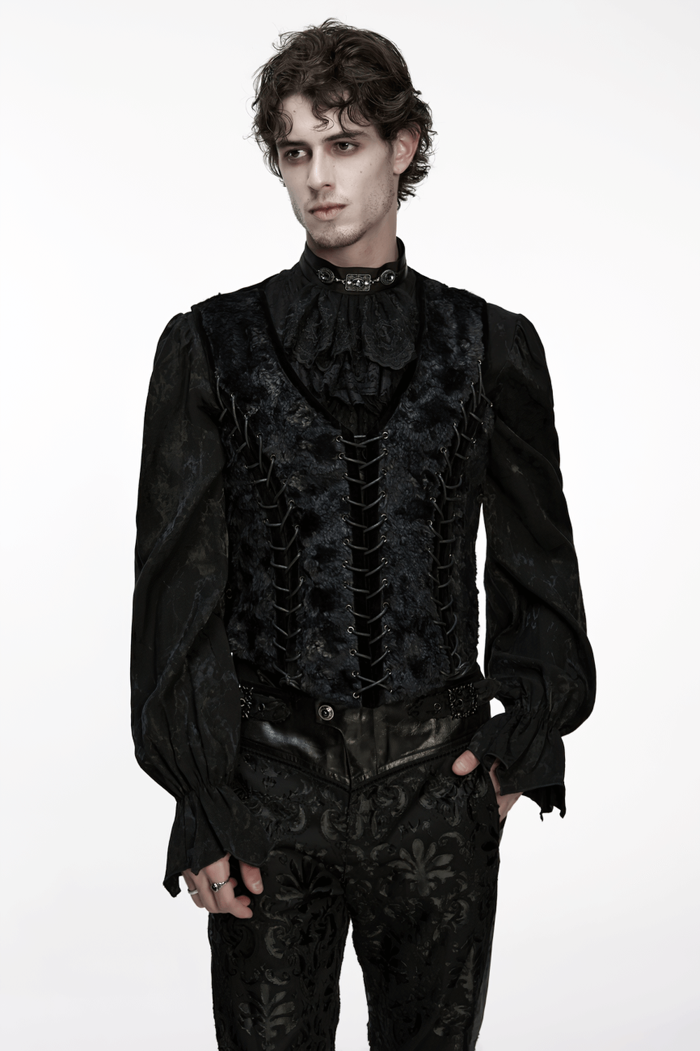 Gothic Gentleman's Velvet Lace-Up Vest with Eyelet Detail modeled by a stylish man in a striking outfit.