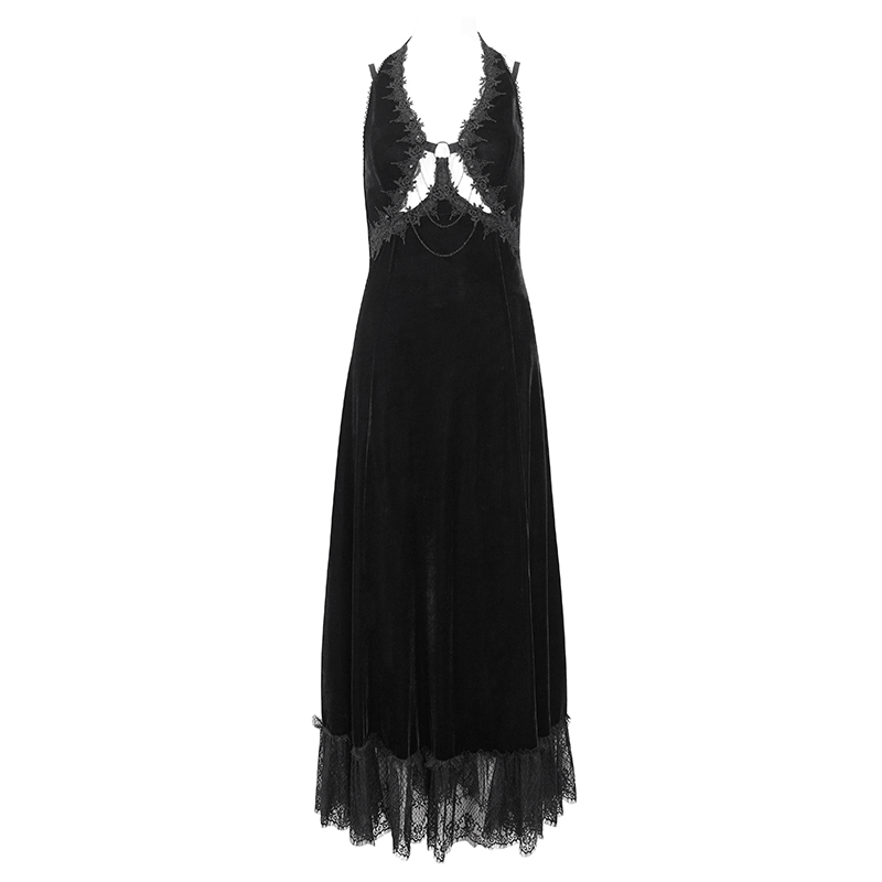 Gothic velvet dress featuring a sexy neckline and lace hem, perfect for audacious style lovers.