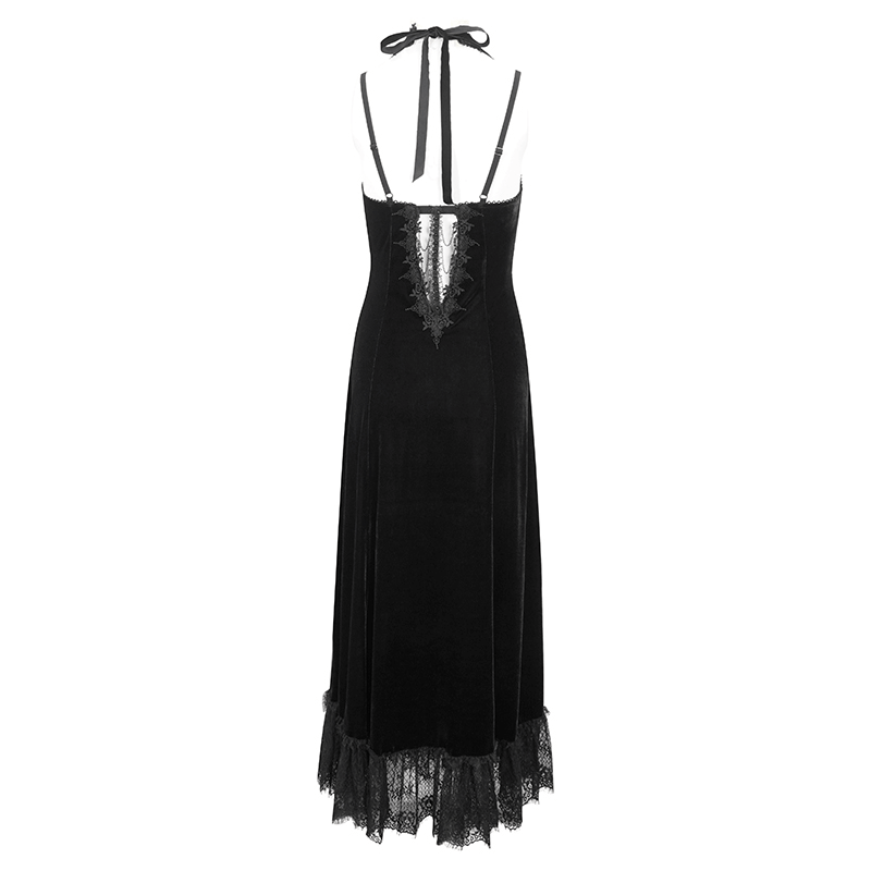 Gothic velvet dress back view with lace hem, seductive neckline, and adjustable straps for a sultry silhouette.
