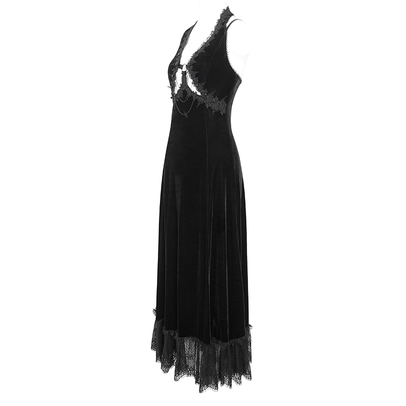 Gothic gorgeous velvet dress featuring a sexy neckline and intricate lace hem, perfect for the audacious woman.
