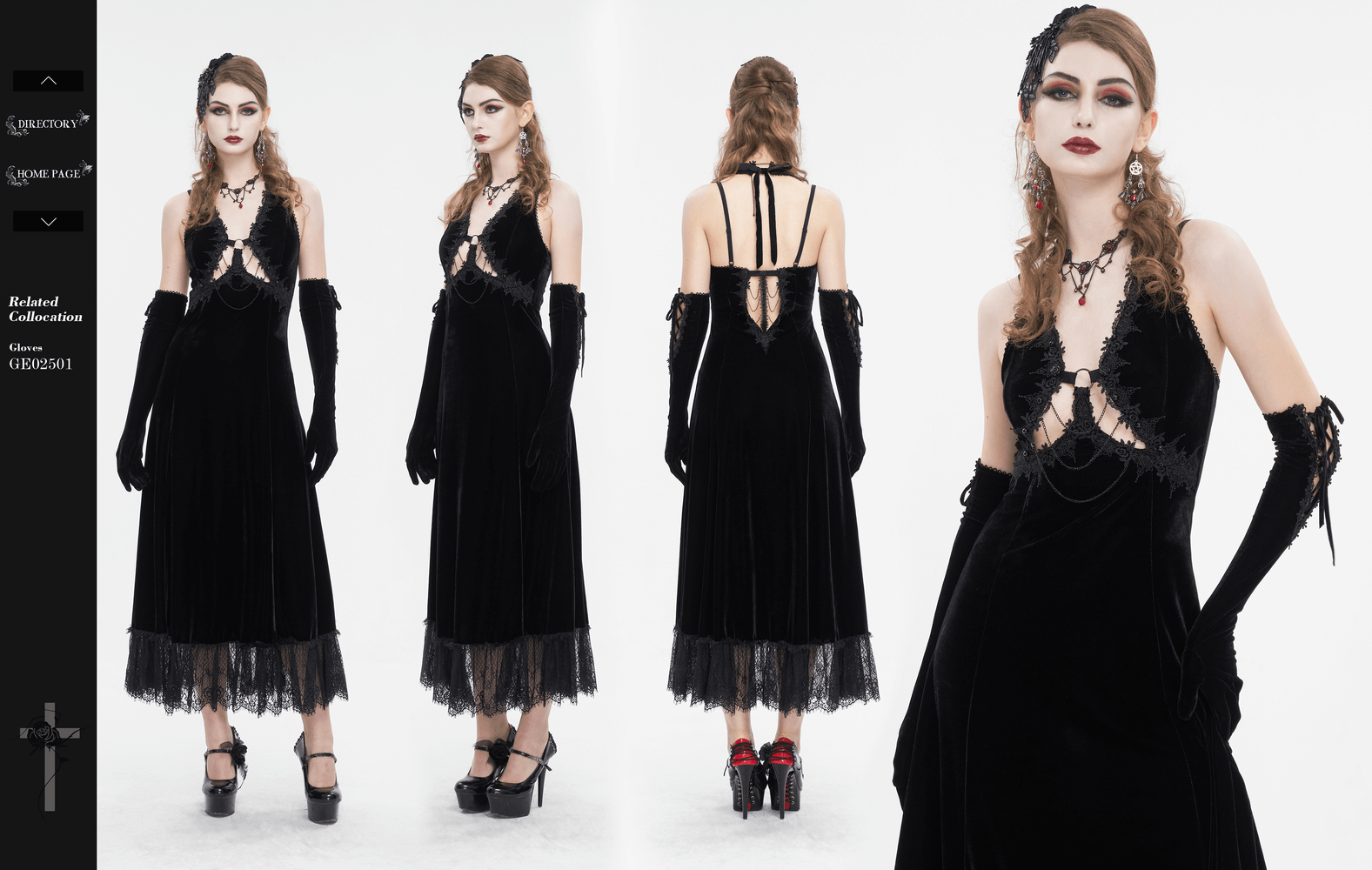Gothic velvet dress showcasing a sexy neckline and lace hem, perfect for a daring, darkly stylish look.