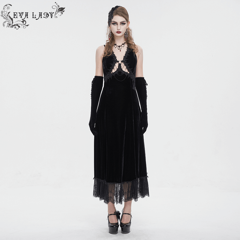 Gothic gorgeous velvet dress with sexy neckline and lace hem, perfect for audacious gothic fashion lovers.