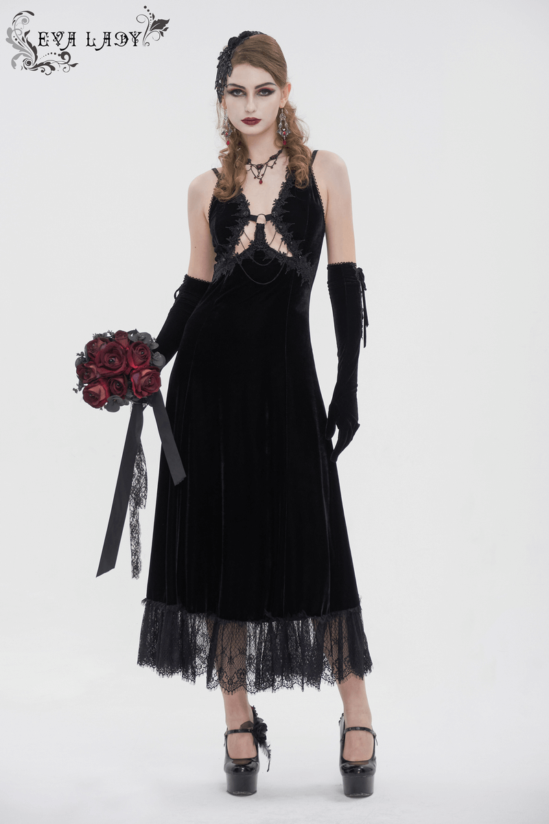 Gothic velvet dress with sexy neckline, lace hem, and black rose bouquet for a sultry, elegant look.