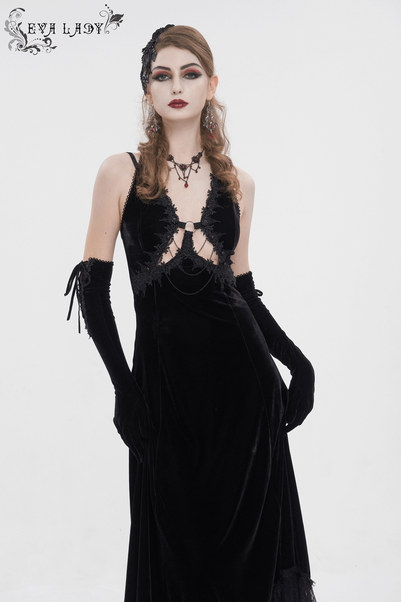 Gothic velvet dress with sexy neckline, lace details, and elegant accessories for a dramatic evening look.