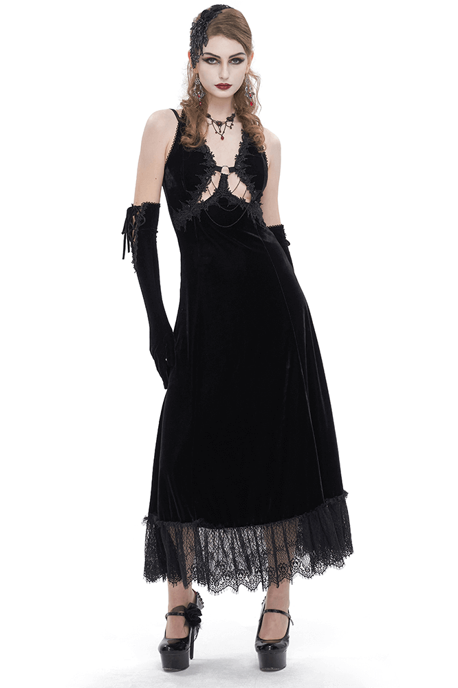 Gothic Gorgeous Velvet Dress with Sexy Neckline and Lace Hem