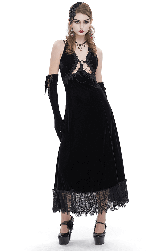 Gothic velvet dress with sexy neckline and lace hem, perfect for daring fashion lovers.