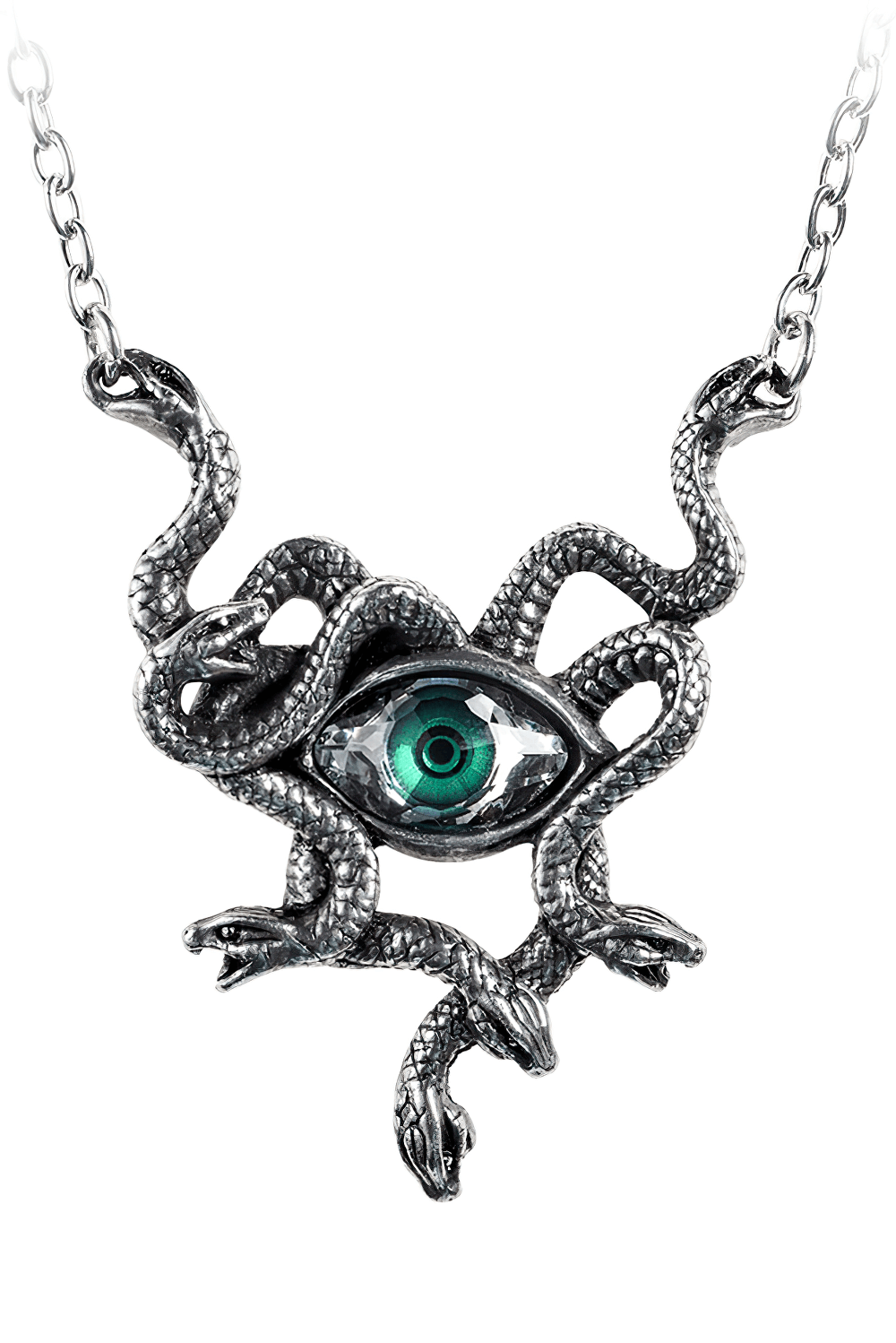 Gothic Gorgon’s Eye Necklace with serpent detailing, featuring a striking green eye gemstone and coiling snakes.