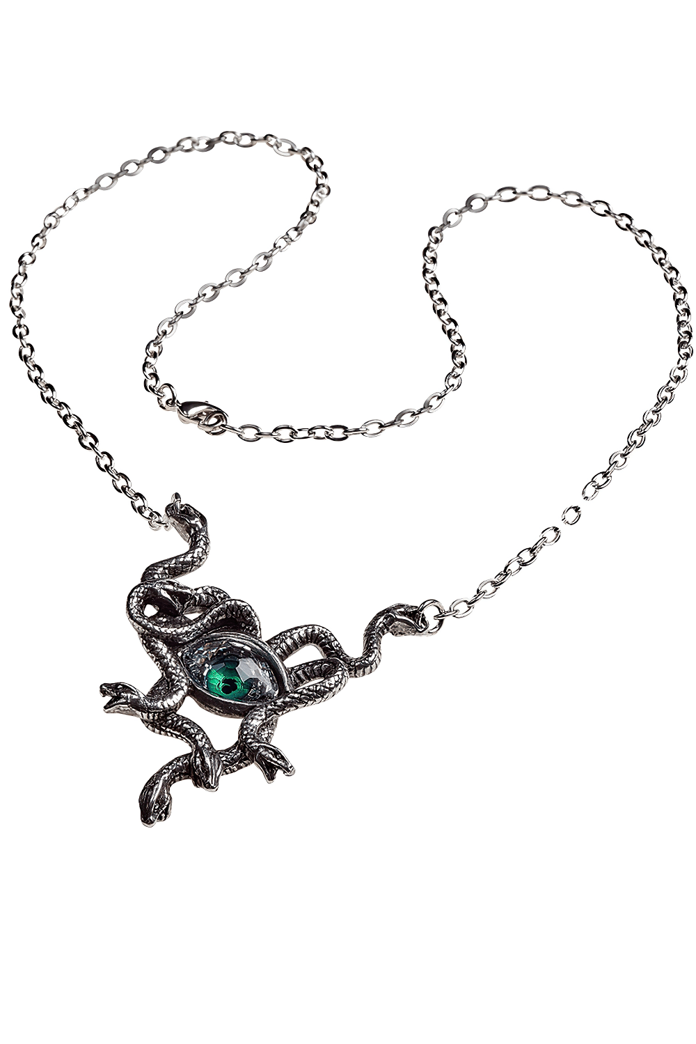 Gothic Gorgon’s Eye Necklace featuring serpent detailing and a striking green gemstone.