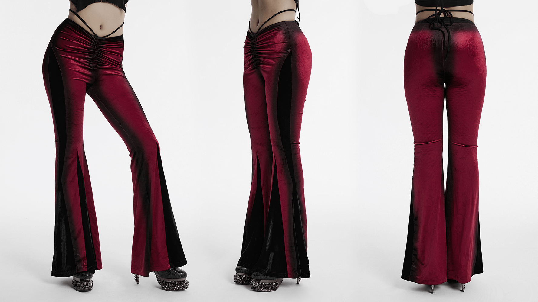 Gothic gradient velvet flared pants with pleat and lace details in black and red.