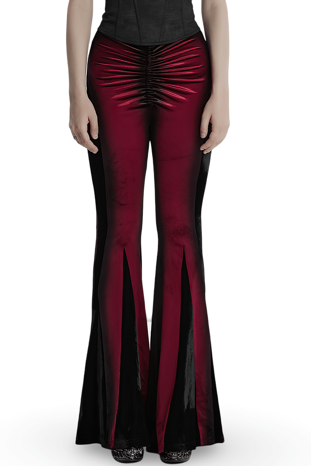 Gothic gradient velvet flared pants featuring pleat detail and lace accents for a sultry look.