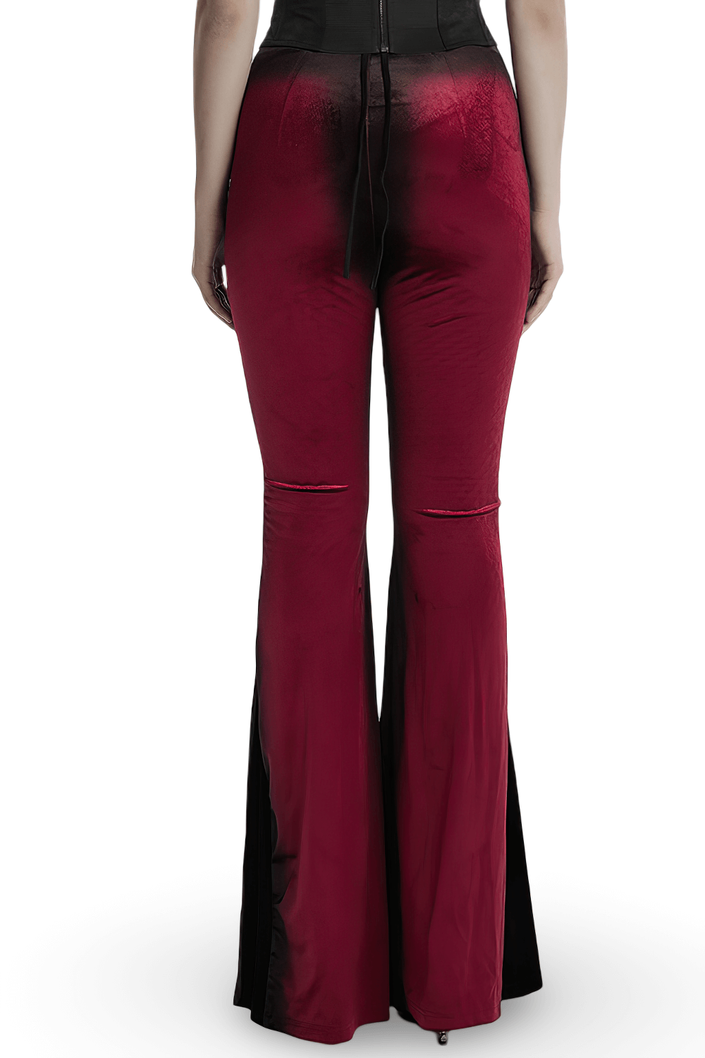 Back view of Gothic gradient velvet flared pants with pleat detail, showcasing sleek lines and vibrant color.