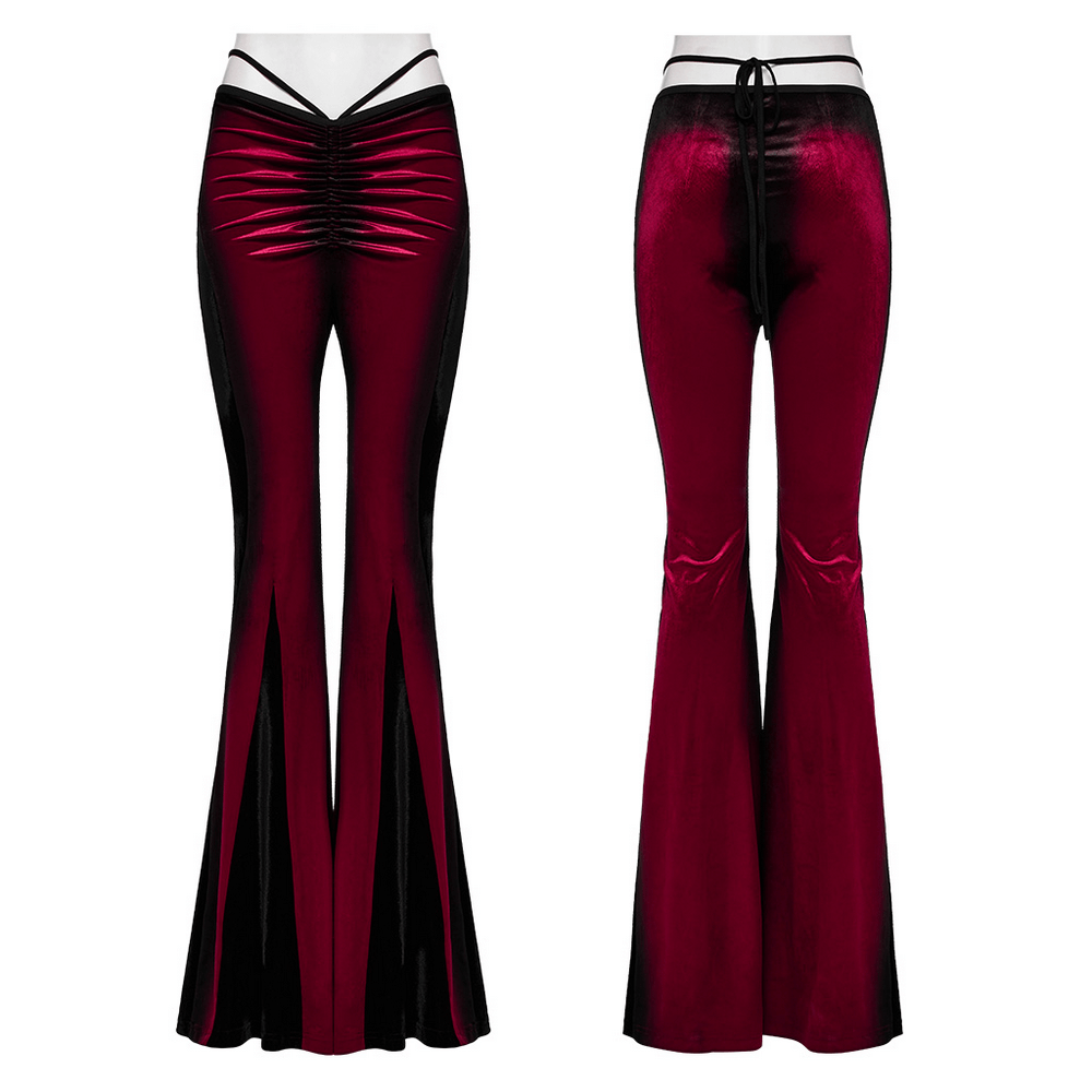 Goth Gothic Gradient Velvet Flared Pants featuring pleat and lace details in burgundy and black for a bold, elegant look.