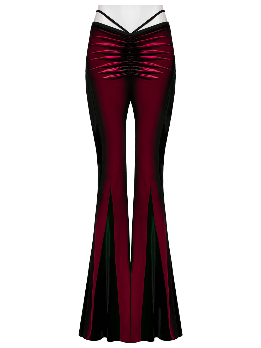 Gothic gradient velvet flared pants with pleat detail and lace accents, highlighting feminine curves in a stylish design.