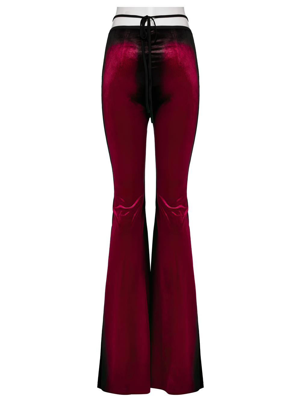 Gothic gradient velvet flared pants in burgundy and black with pleat detail and lace trim, perfect for a stylish edgy look.