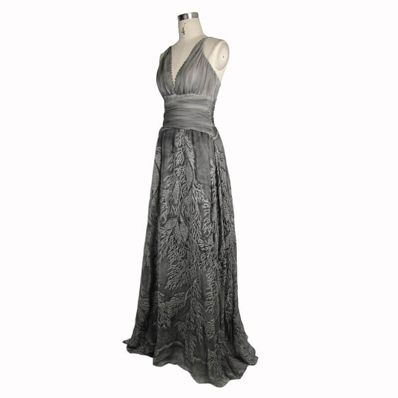 Gothic gray sexy deep V backless dress for women, featuring elegant vintage patterns and a stylish cut.
