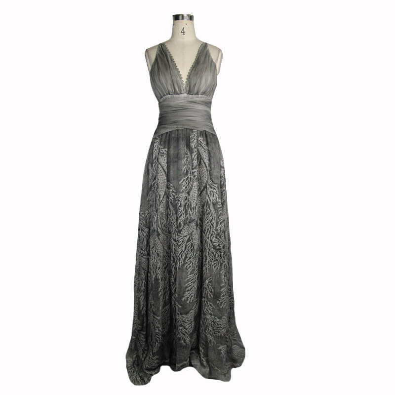 Gothic gray backless dress with deep V neckline and vintage patterns, perfect for punk fashion enthusiasts.