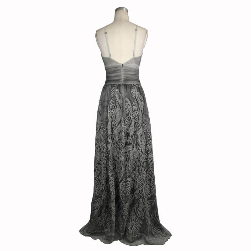 Back view of gothic gray sexy deep V backless dress for women, showcasing elegant vintage patterns and flowing design.