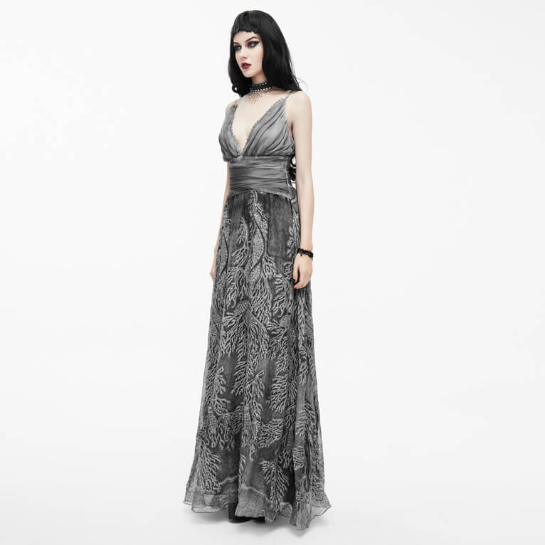 Gothic gray sexy deep V backless long dress for women, featuring vintage patterns and elegant design.