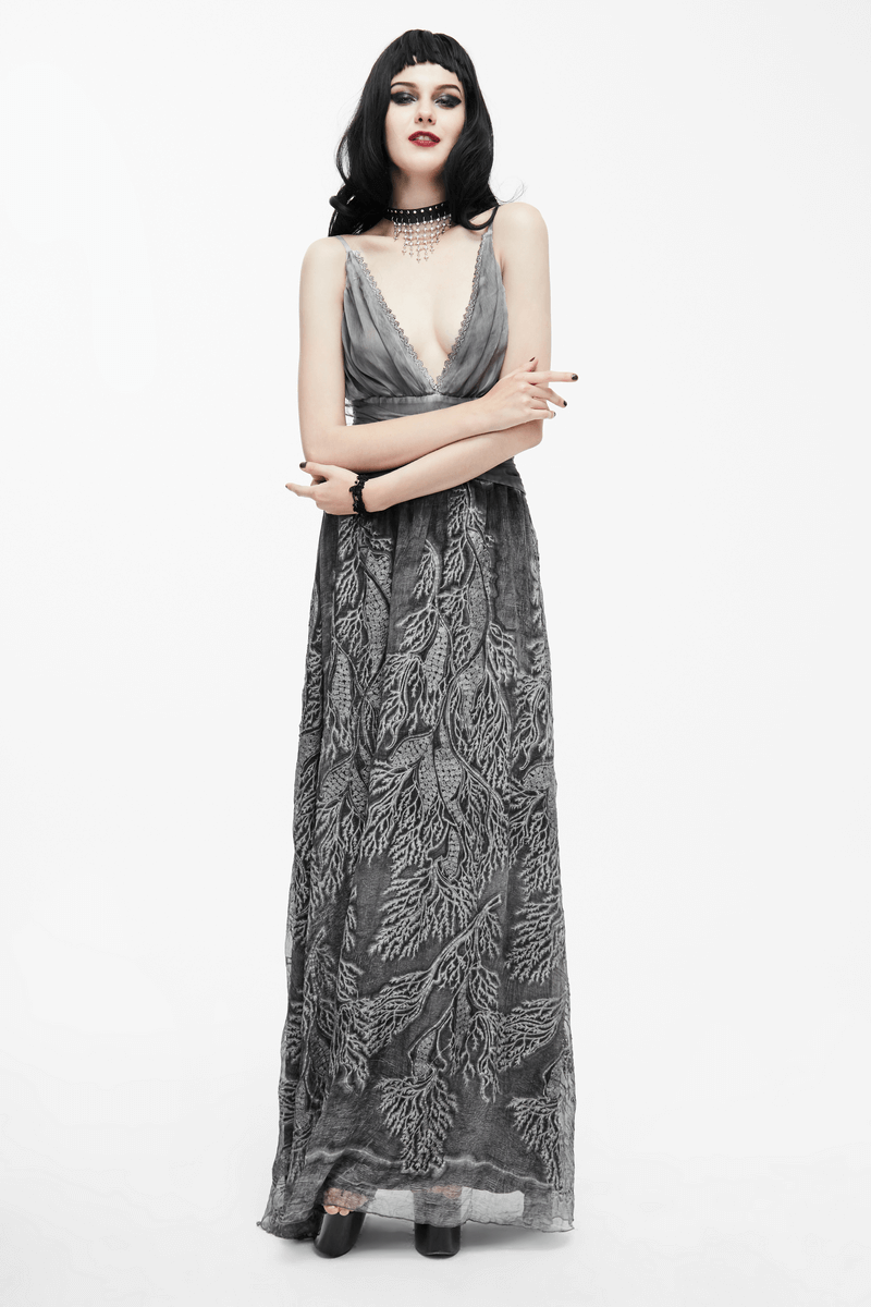 Gothic gray sexy deep V backless dress for women, featuring vintage patterns and a stylish long cut.