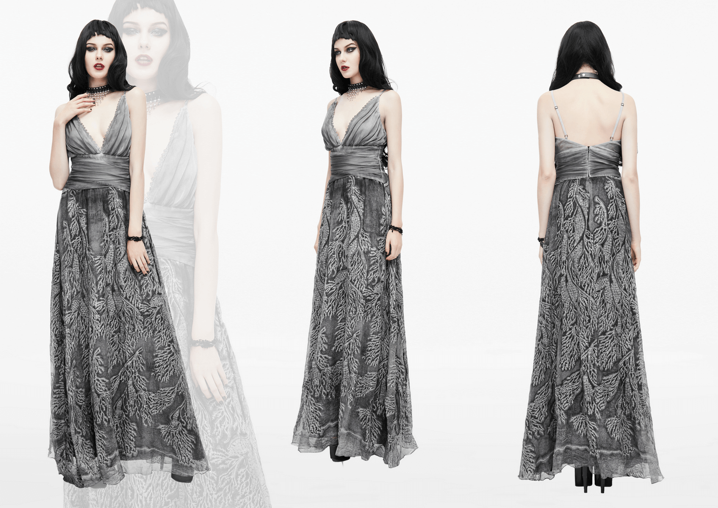 Gothic gray backless dress for women, featuring a deep V neckline and elegant vintage patterns, perfect for punk fashion enthusiasts.