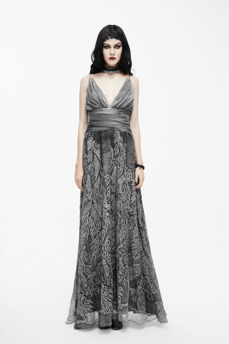 Gothic gray sexy deep V backless dress for women, featuring vintage patterns and elegant design.