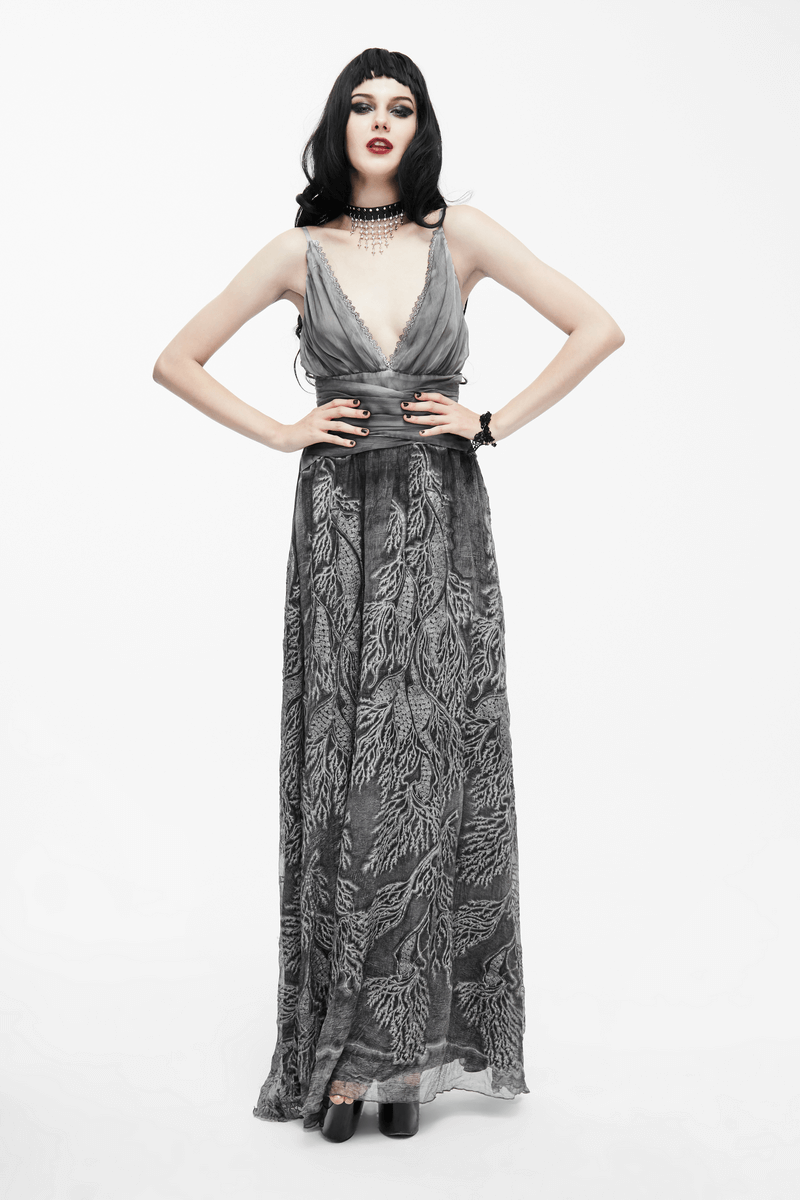 Gothic gray deep V backless dress for women, elegant long dress with vintage patterns, perfect for punk fashion.