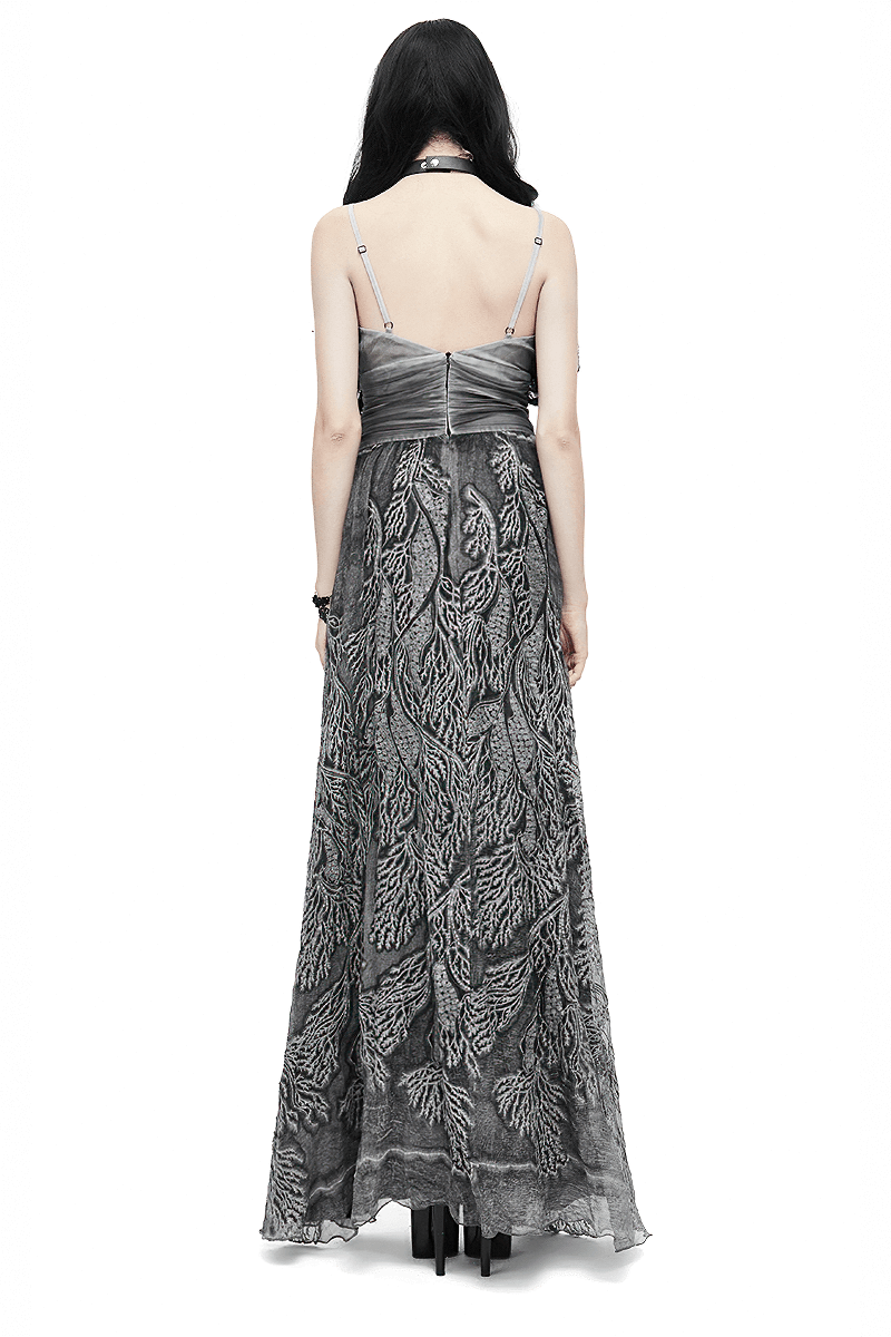 Back view of a gothic gray sexy deep V backless dress for women, featuring intricate vintage patterns.